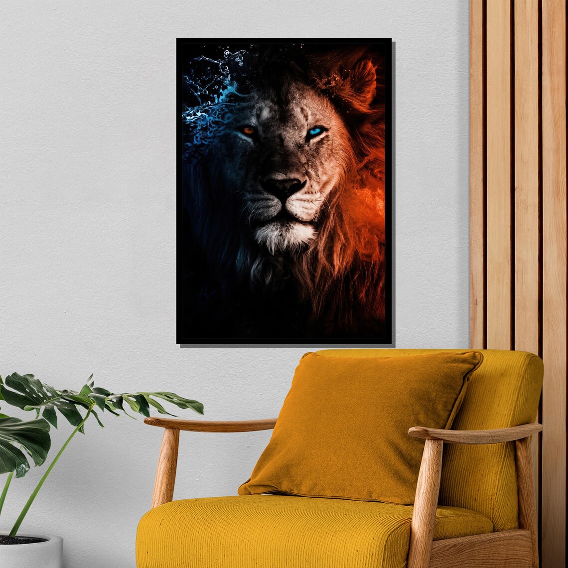 Dual Fire And Water Lion With Striking Blue Eye Portrait Poster - Image 4