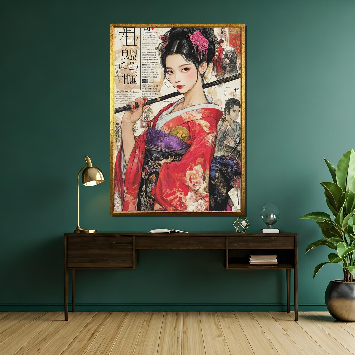 Anime Geisha Warrior In Red Floral Kimono Manga Collage Art Poster - Image 5