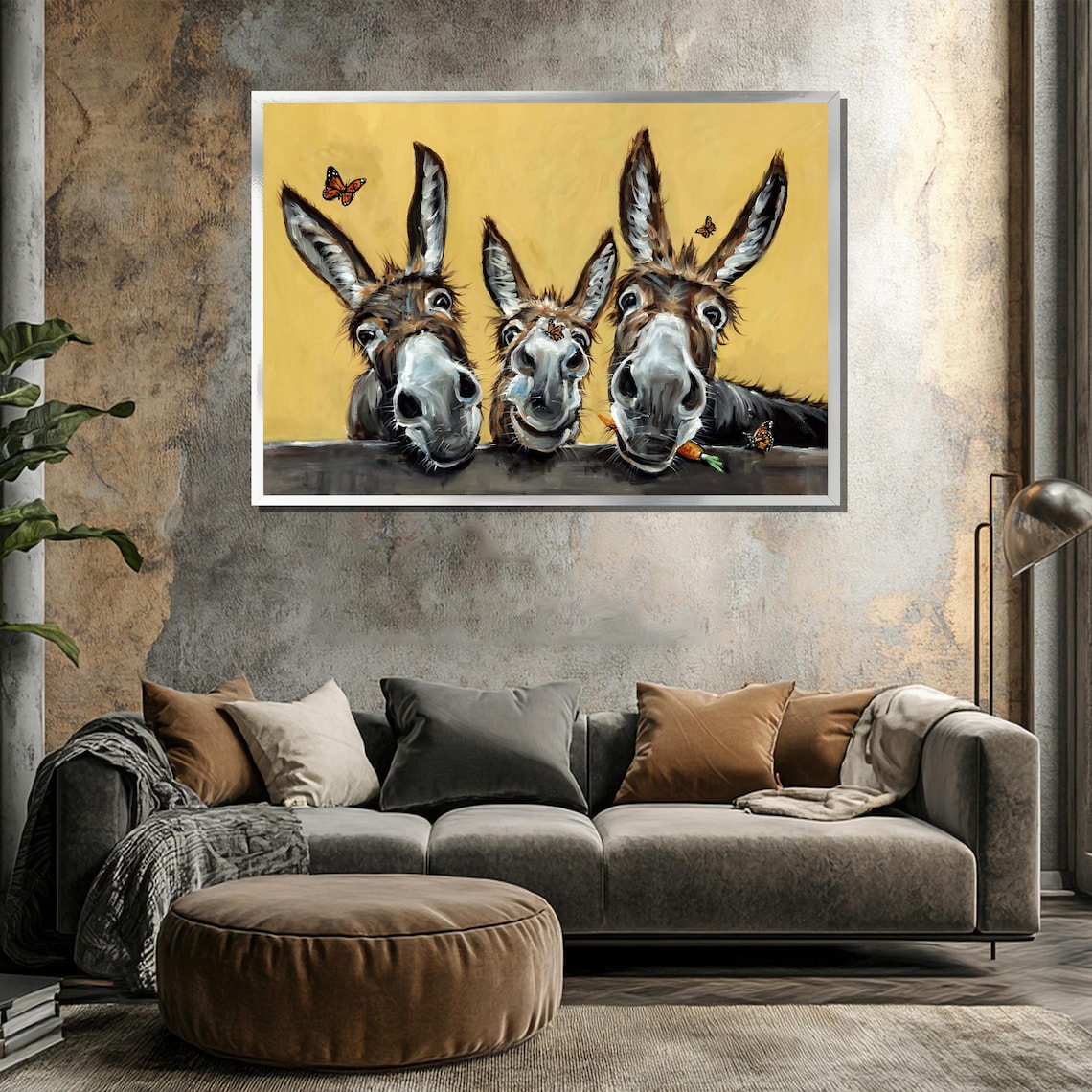 Three Playful Donkeys Peeking Over Fence Funny Animal Art Poster - Image 3