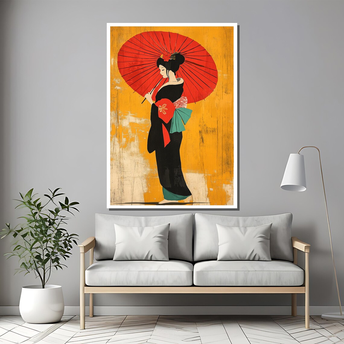 Vintage Geisha With Red Parasol On Ochre Japanese Art Poster - Image 2
