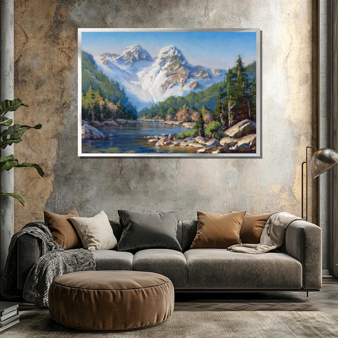Snow Capped Mountain Peaks Reflected in Alpine Lake Painting Poster - Image 3