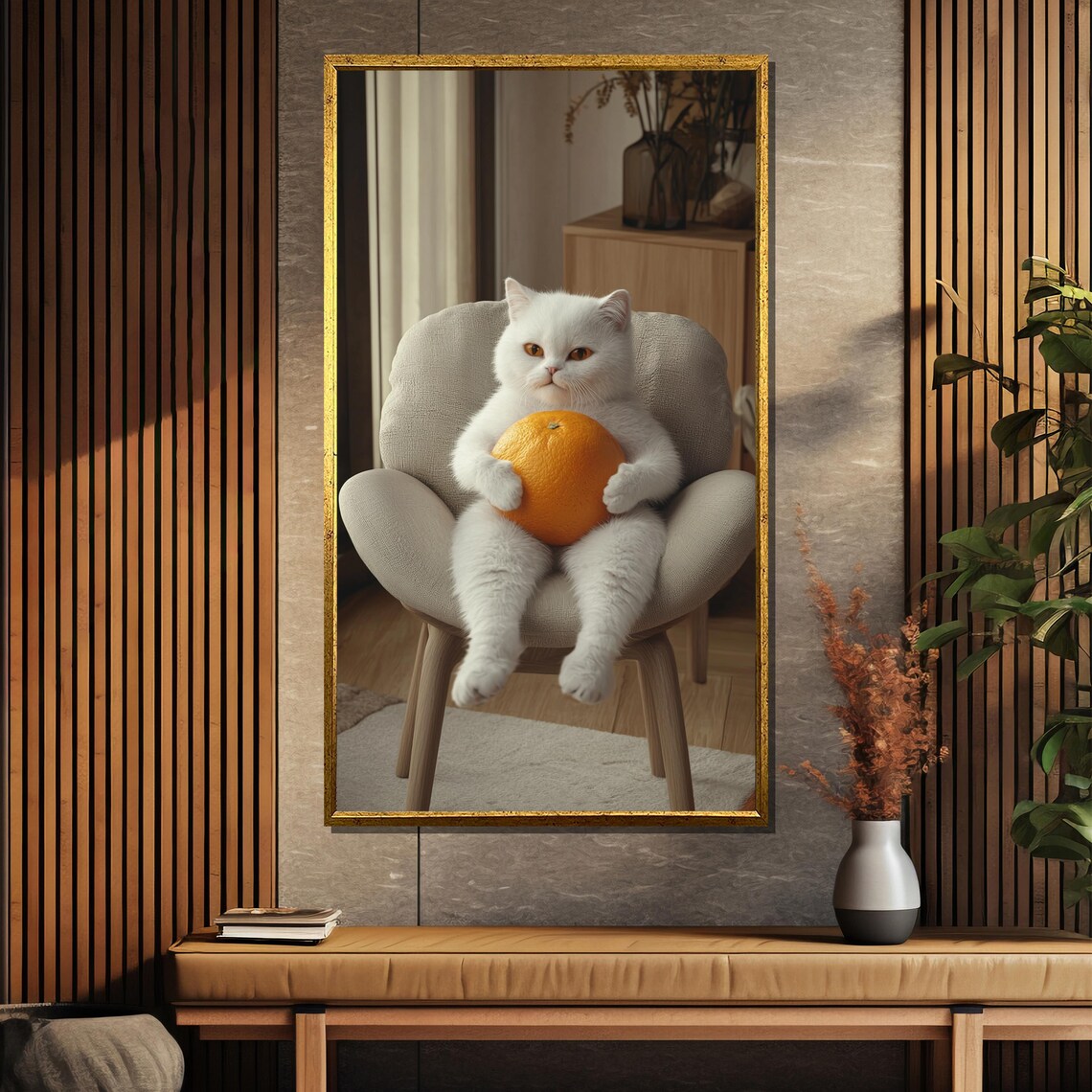 Funny White Cat Holding Big Orange Sitting In Chair Art Wall Poster - Image 5