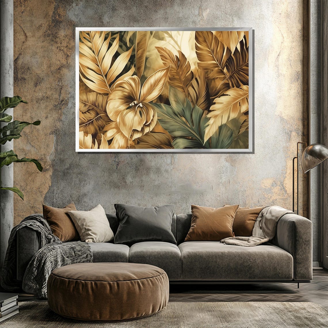 Golden Tropical Leaves and Bloom Botanical Wall Painting Poster - Image 3