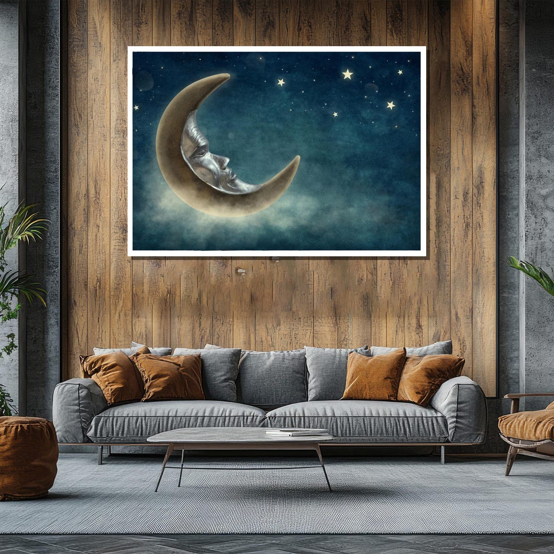 Vintage Crescent Moon Face Among Stars Celestial Night Sky Poster - Image 2