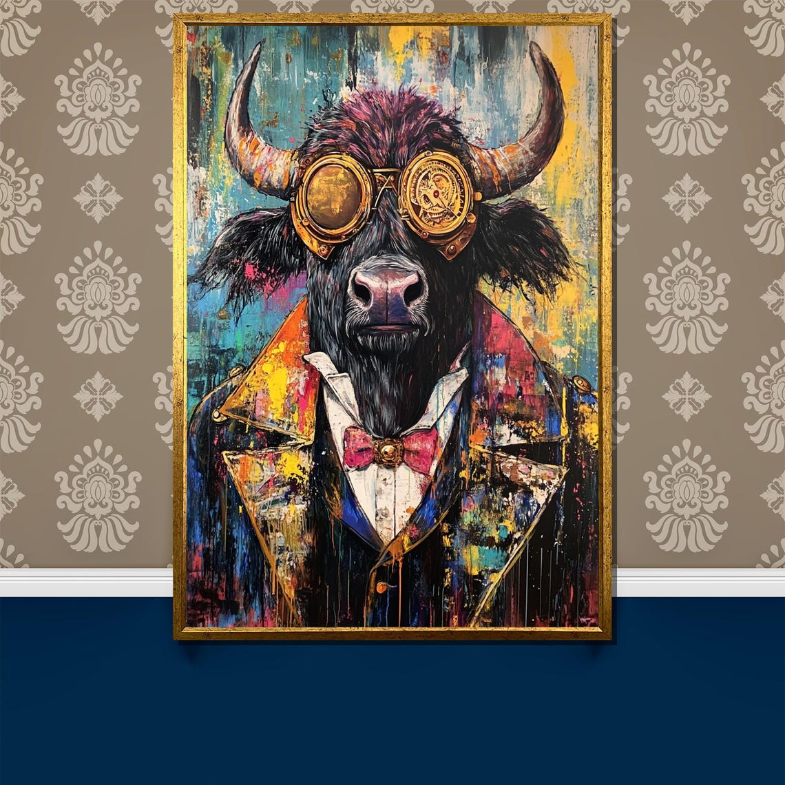 Goggles Up Steampunk Bull in Brass Goggles and Bowtie Art Poster