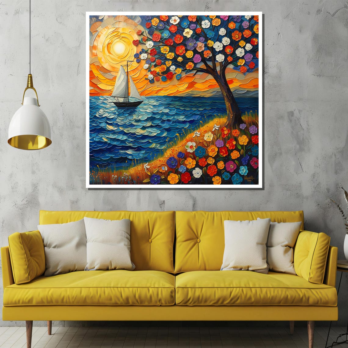 Colorful Floral Tree by the Sea With Sailboat Mosaic Style Poster - Image 2