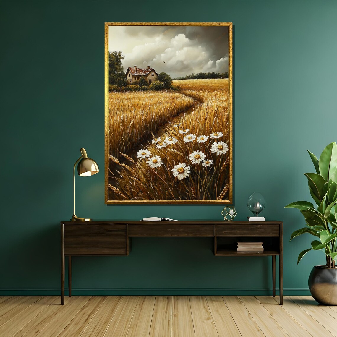 Golden Wheat Field Farmhouse Path with Daisies Painting Poster - Image 5