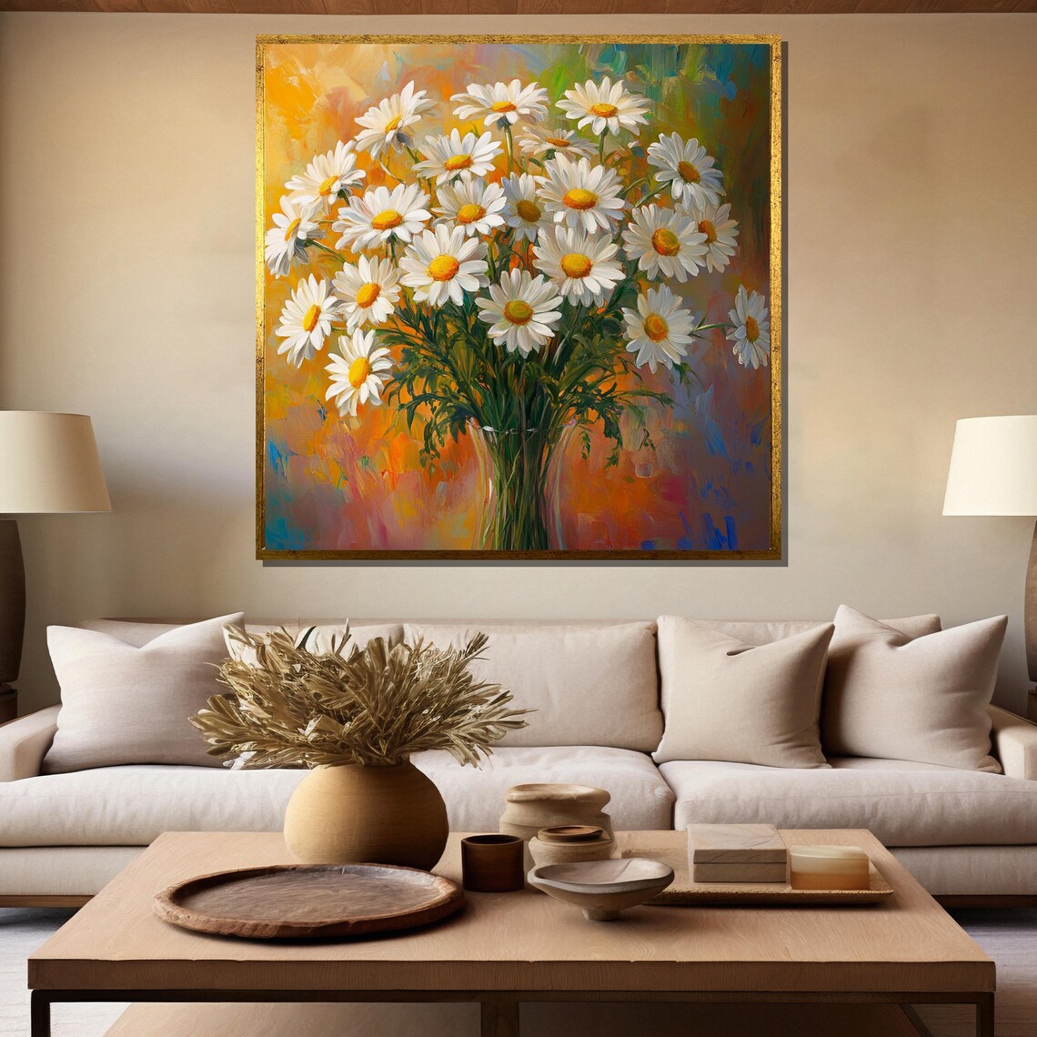 White Daisies Bouquet On Orange Abstract Floral Garden Poster - Image 5
