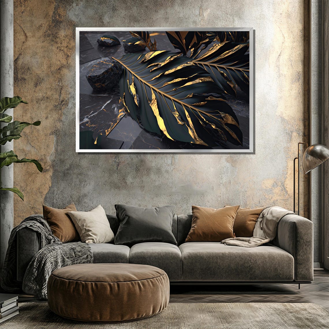 Black And Gold Tropical Leaf On Dark Marble Luxury Art Poster - Image 3