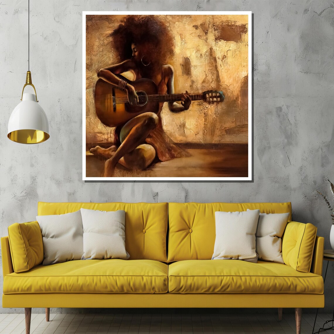 Woman Playing Guitar Warm Afro Acoustic Music Painting Poster - Image 2