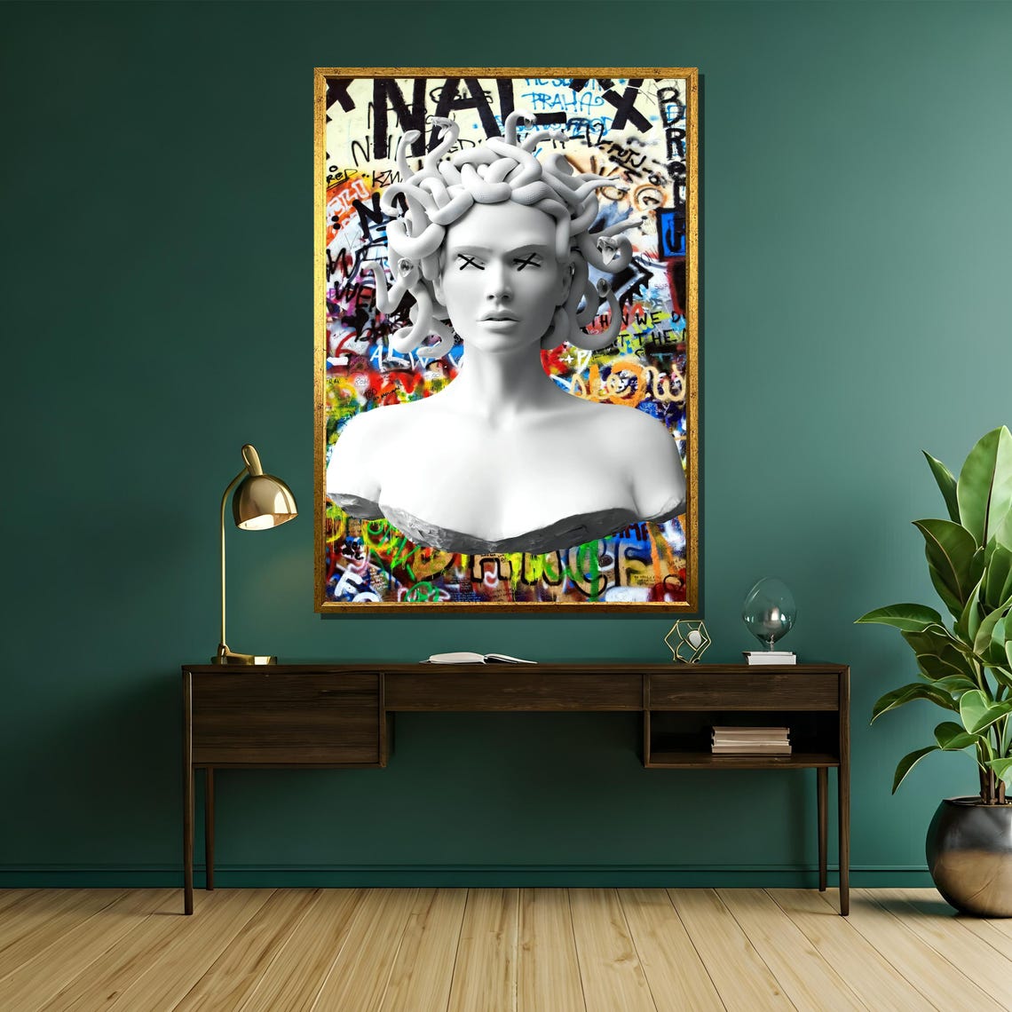 White Medusa Marble Bust Against Colorful Graffiti Wall Poster - Image 5