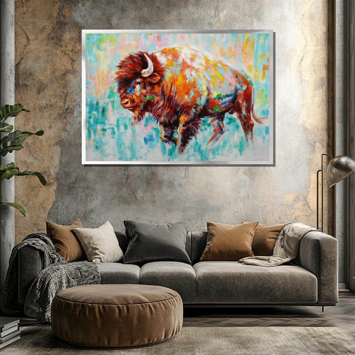 Colorful Impressionist Bison Painting on Turquoise Art Poster - Image 3