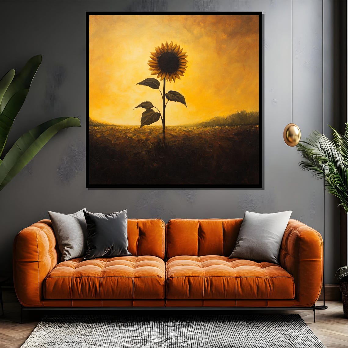 Solitary Sunflower At Golden Sunset Field Romantic Painting Poster - Image 4