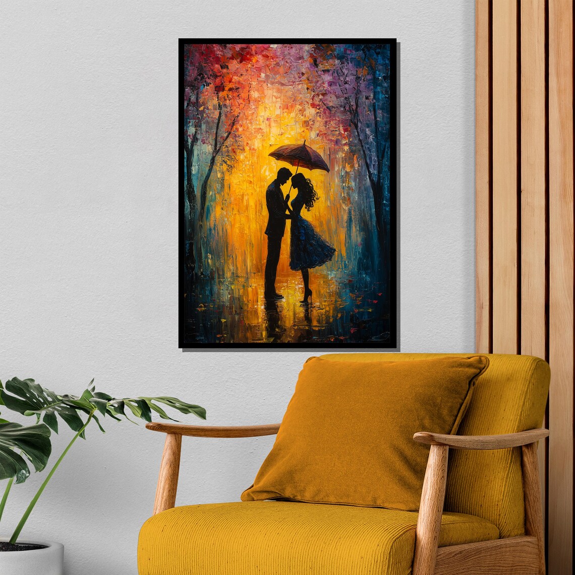 Romantic Rain Couple Under Umbrella Colorful Textured Art Poster - Image 4