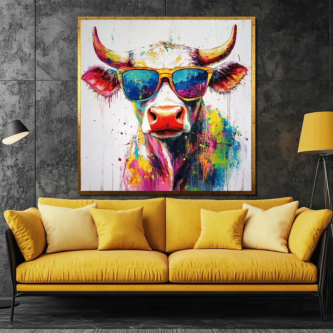 Highland Cow in Blue Sunglasses in a Vibrant Splash Art Poster