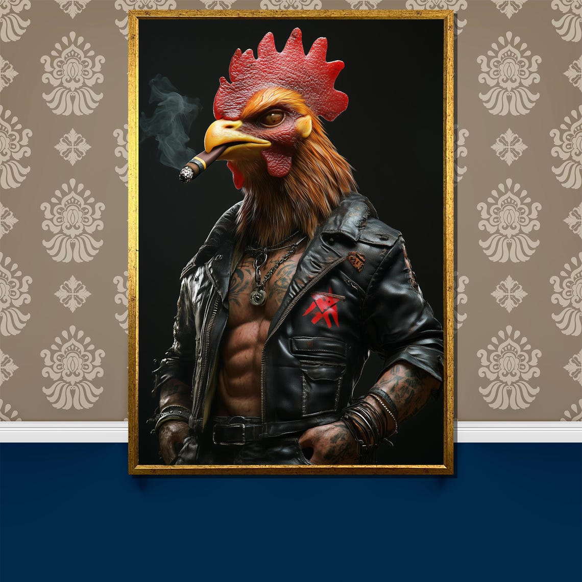 Badass Rooster in a Leather Jacket Smoking a Cigar Art Poster