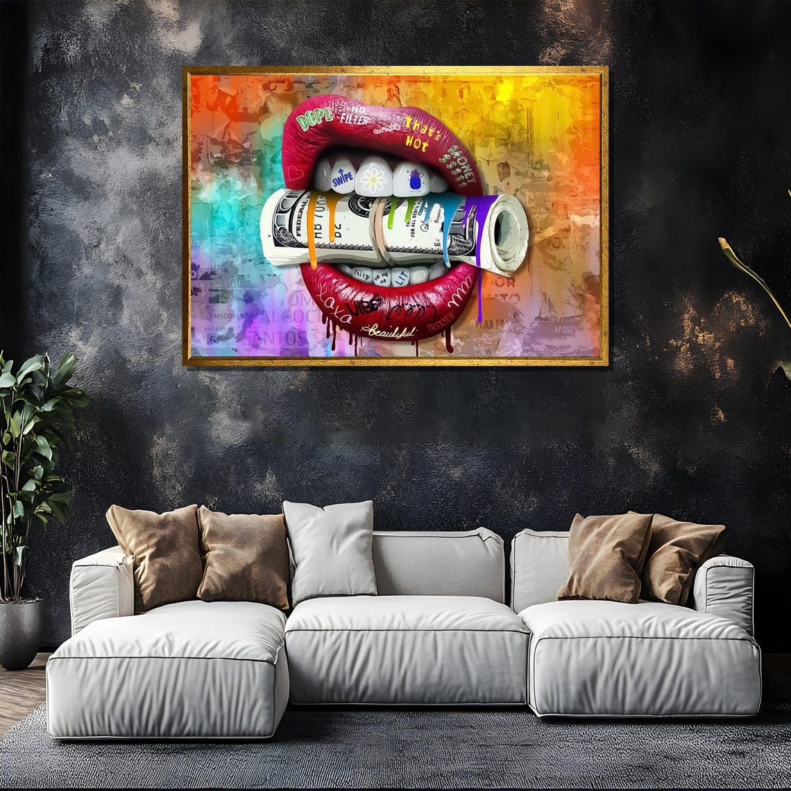 Red Lips Biting Money Roll Dope No Filter Pop Art Style Poster - Image 5