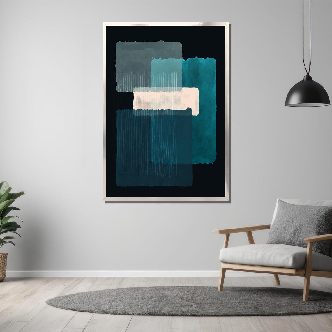 Rothko Style Teal White And Navy Geometric Abstract Blocks Poster - Image 3