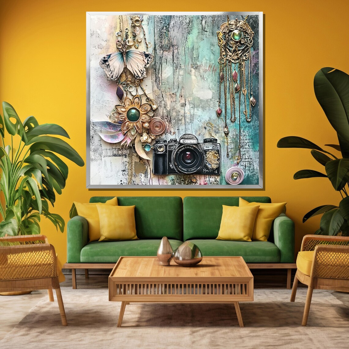 Vintage Camera Mixed Media Jewelry Butterfly Collage Art Poster - Image 3