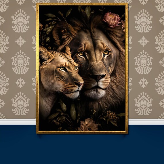 Lion And Lioness Portrait Framed By Dark Blooming Flowers Poster