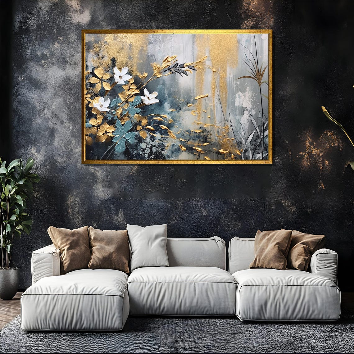 Abstract White Blossom and Gold Leaf Painting on Midnight Blue Poster - Image 5