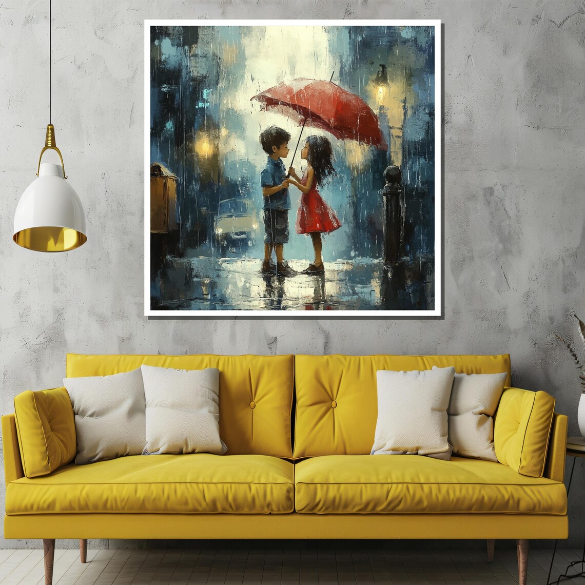 Children With Red Umbrella In Rain City Street Sweet Art Poster - Image 2