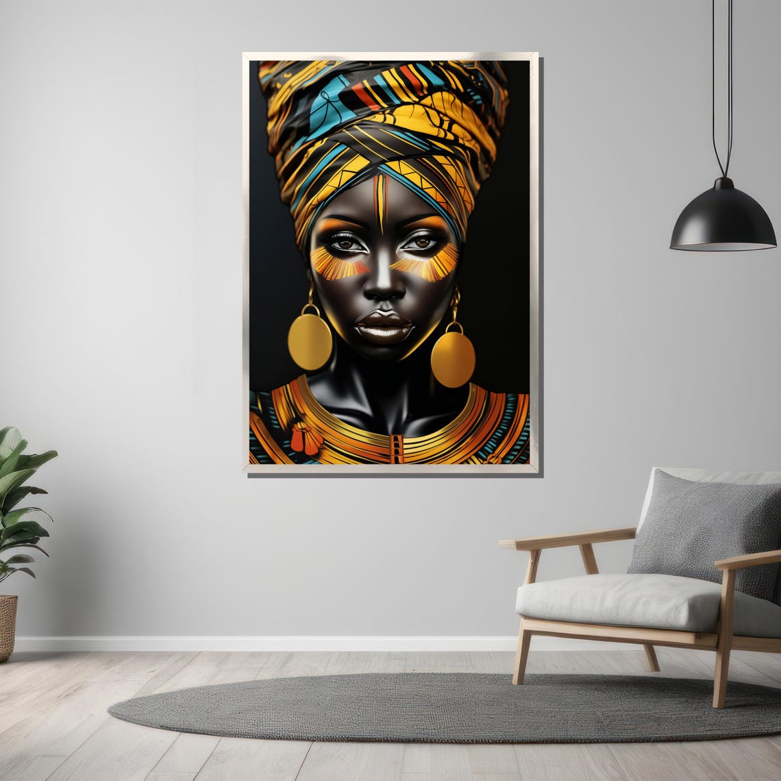 Bold African Queen In Yellow Patterned Headwrap Tribal Art Poster - Image 3