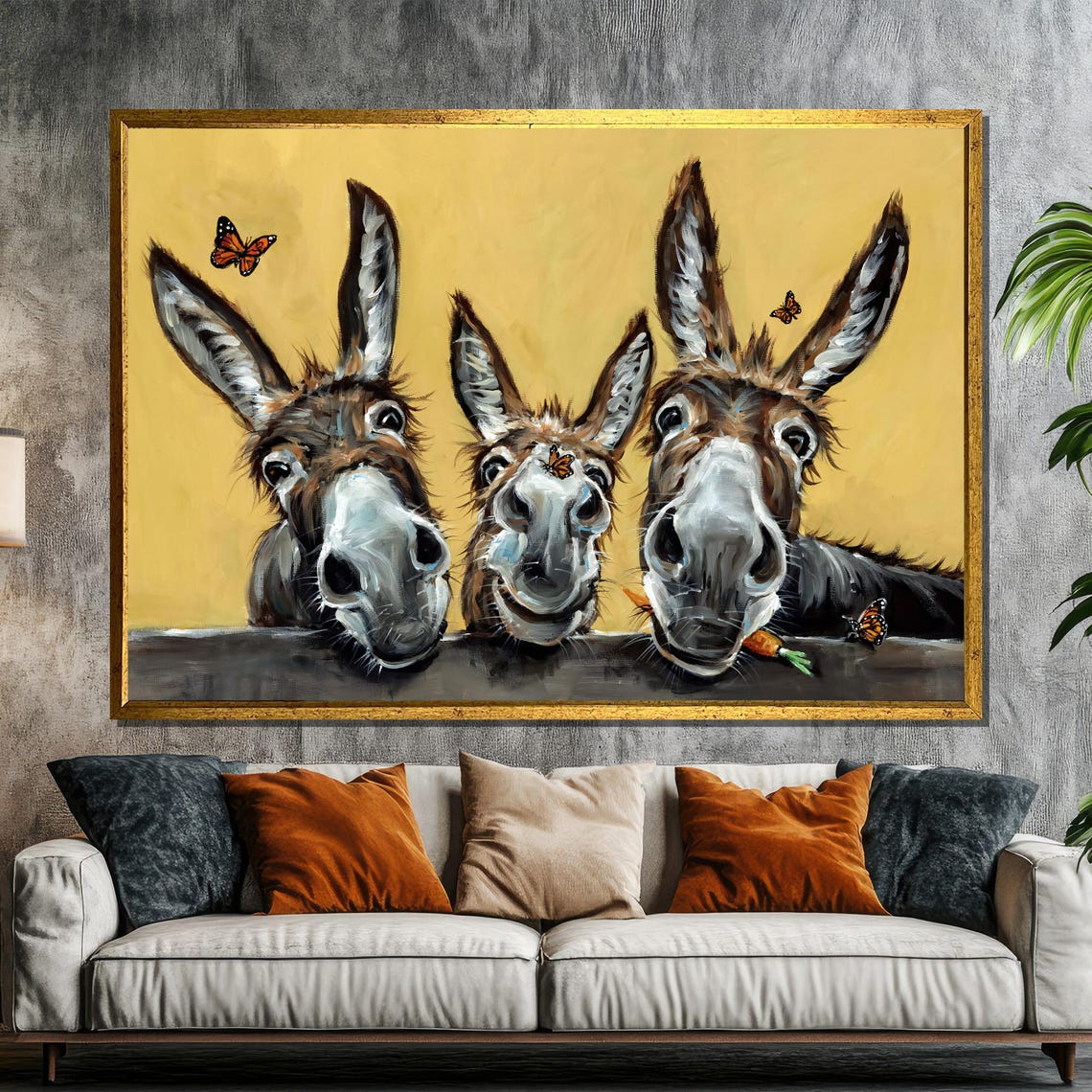 Three Playful Donkeys Peeking Over Fence Funny Animal Art Poster