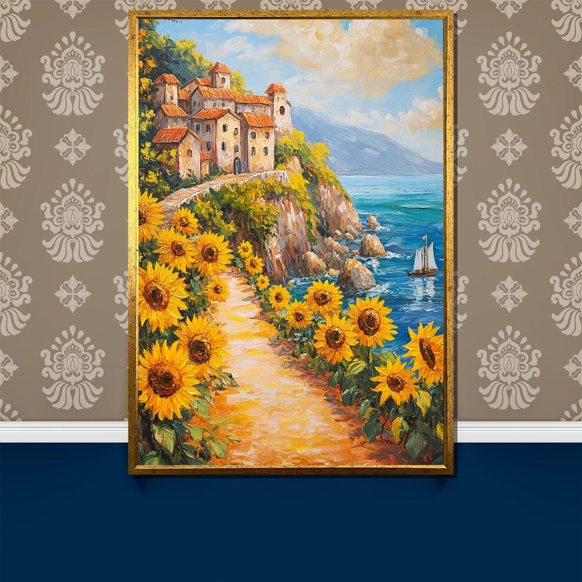 Sunflower Path to a Mediterranean Seaside Village Painting Poster