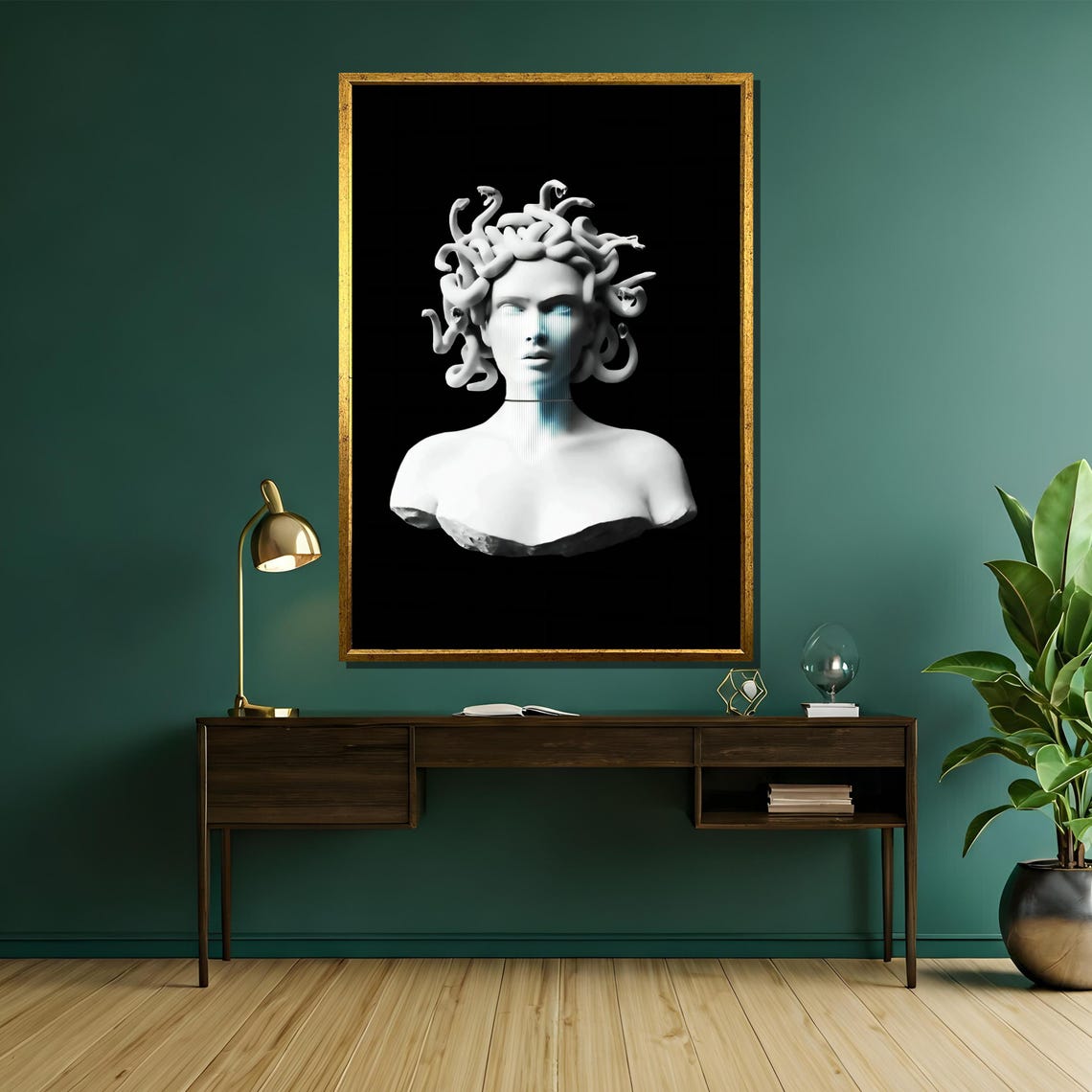 Monochrome Medusa Marble Bust With Glitch Scanline Effect Poster - Image 5
