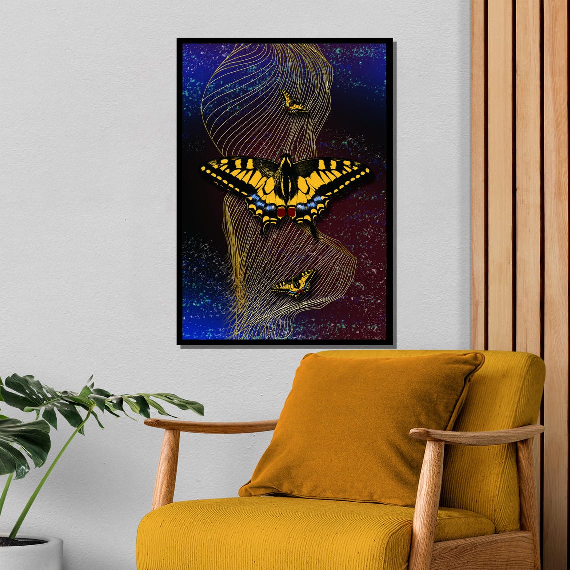Yellow Swallowtail Butterflies Over Midnight Blue Art Poster - Image 4