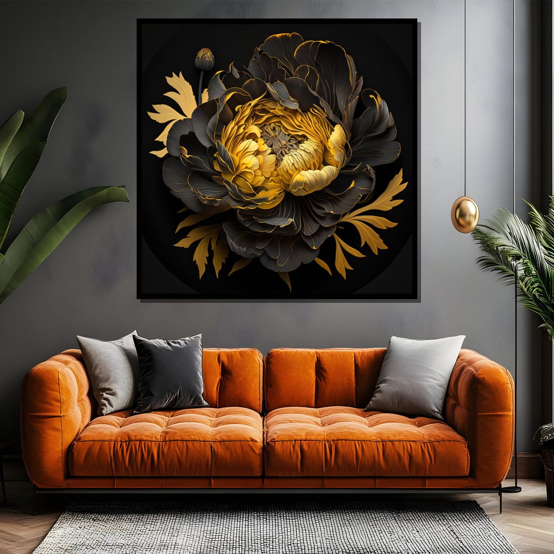 Black and Gold Peony Bloom on a Dramatic Dark Background Poster - Image 4
