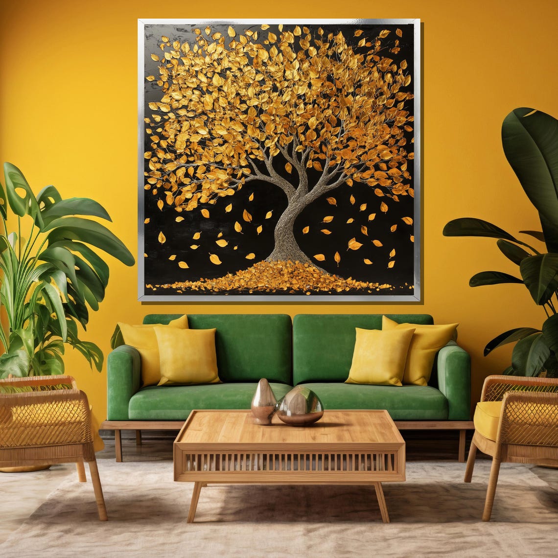 Golden Autumn Tree With Falling Leaves On Black Night Poster - Image 3