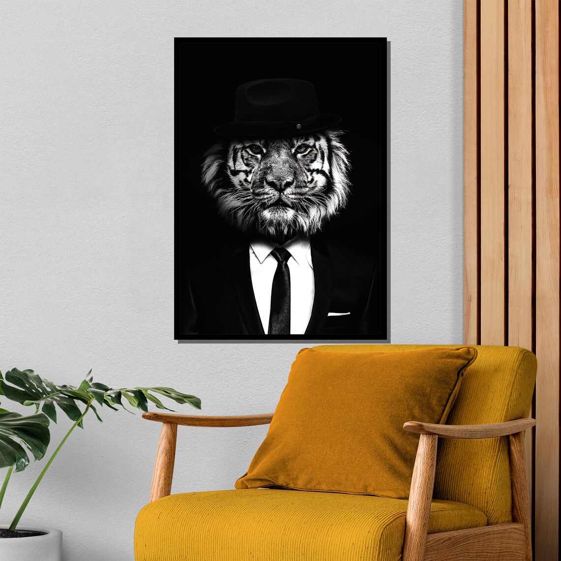 Tiger in Fedora Suit Black and White Funny Animal Portrait Poster - Image 4