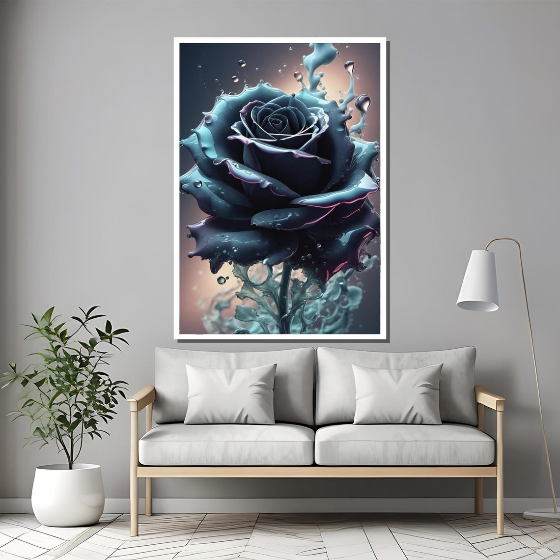 Surreal Blue Rose Splashing Water Effect Dramatic Bloom Poster - Image 2