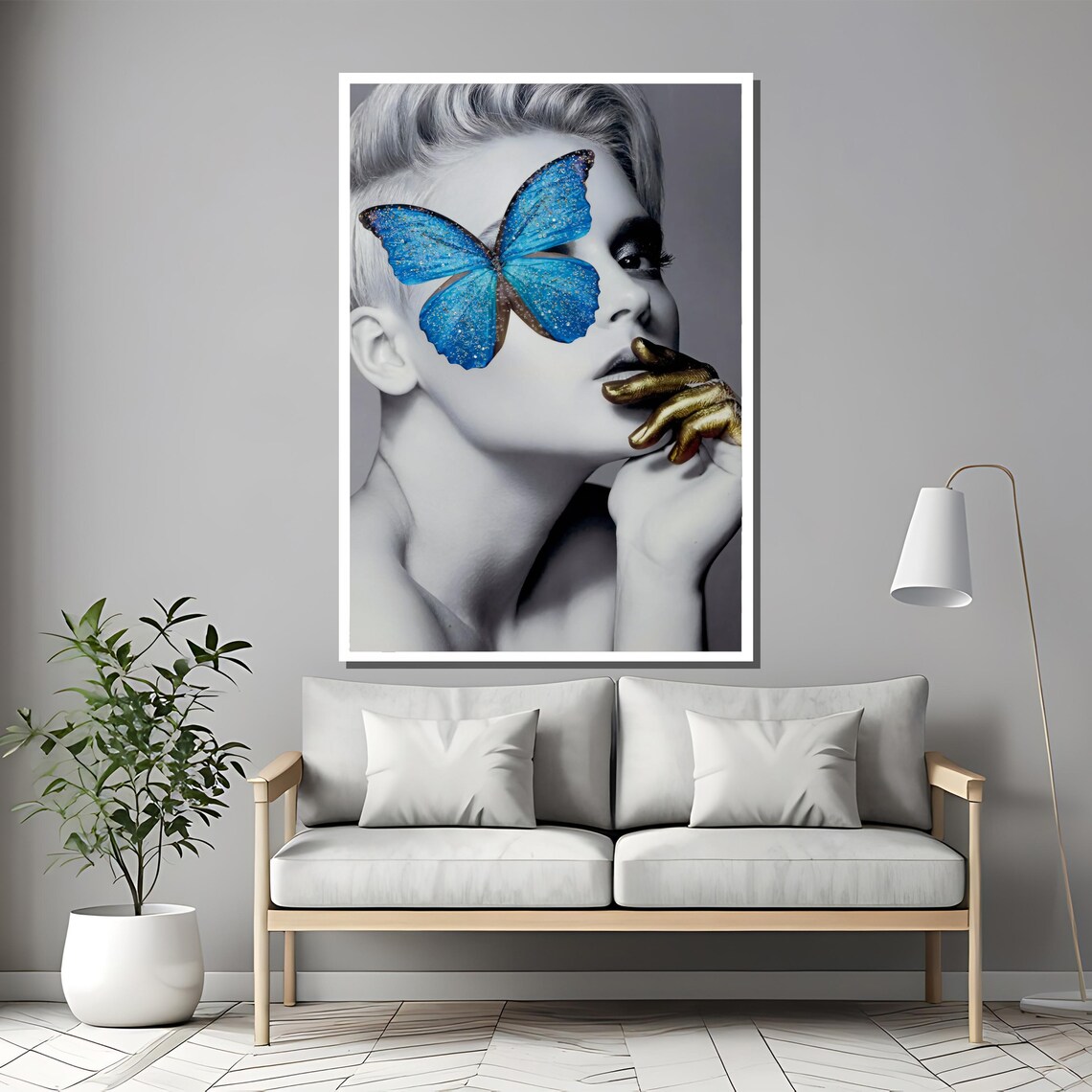 Modern Woman With Blue Butterfly Fashion Black And White Art Poster - Image 2