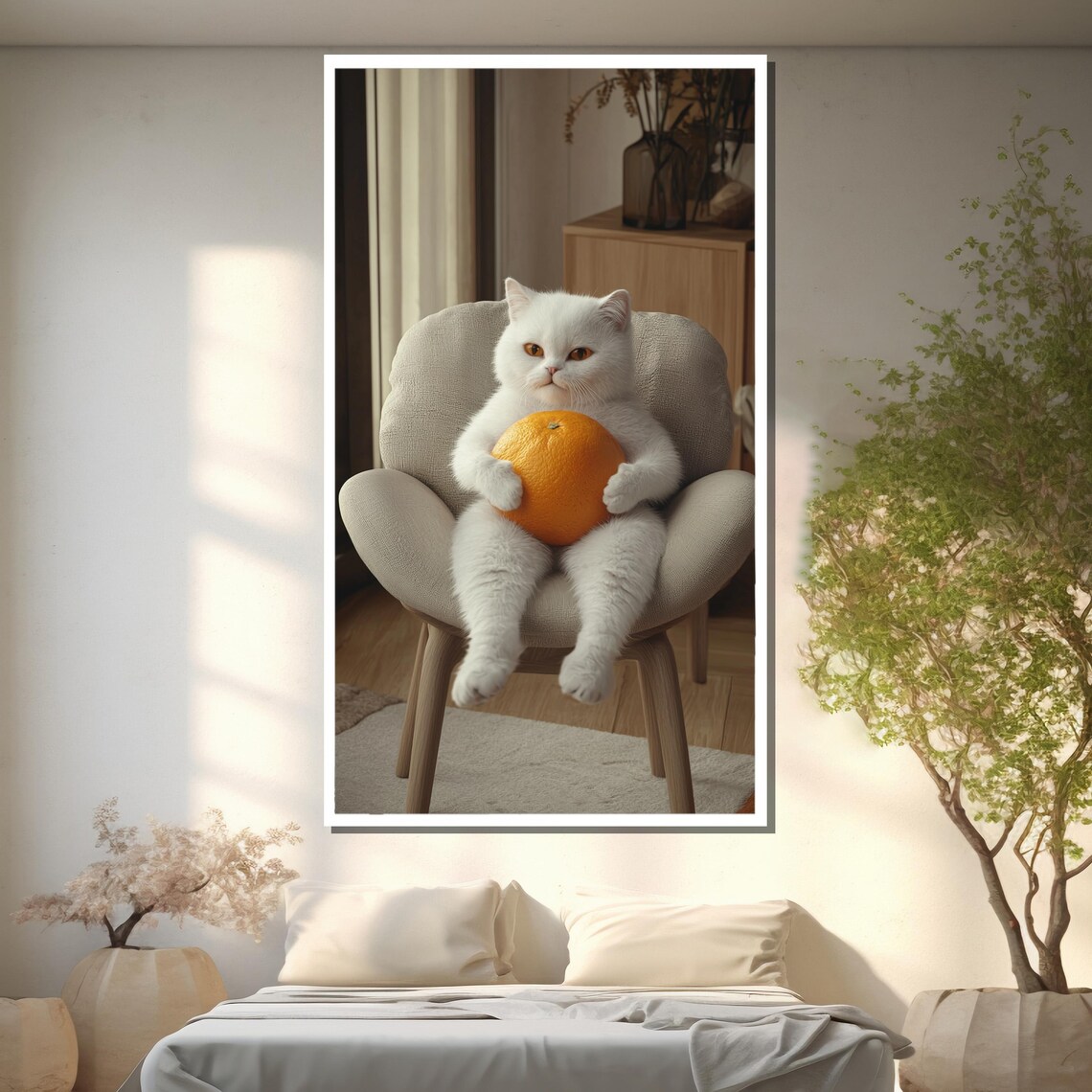 Funny White Cat Holding Big Orange Sitting In Chair Art Wall Poster - Image 2