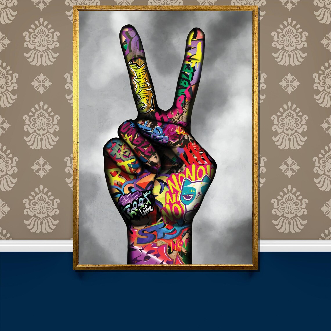 Graffiti Peace Sign Hand Colorful Street Art On Smoke Poster