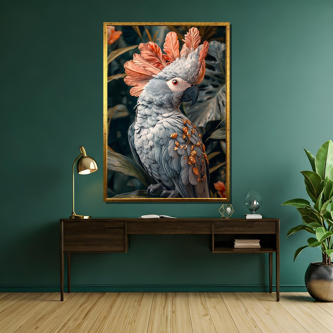 Elegant Cockatoo Parrot Pink Crest Gold Accents Bird Art Poster - Image 5