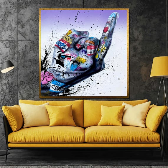 Rock Hand Graffiti Painting Bold Street Art Gift For Rock Fans Edgy Wall Decor With Urban Style Vibe
