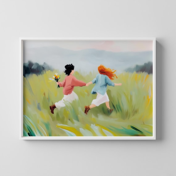 Two Women Running Through Wildflower Meadow Friendship Art Poster