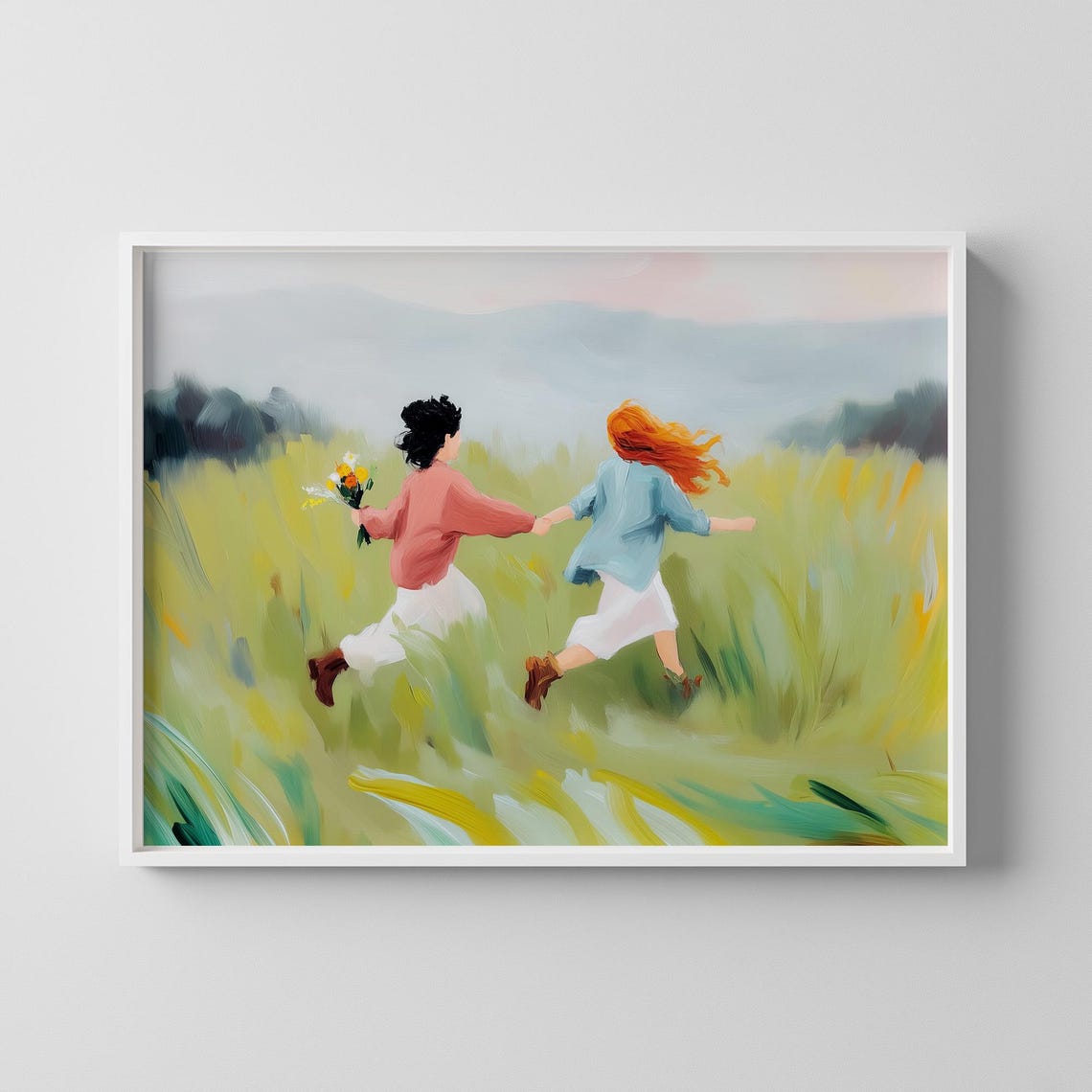 Two Women Running Through Wildflower Meadow Friendship Art Poster