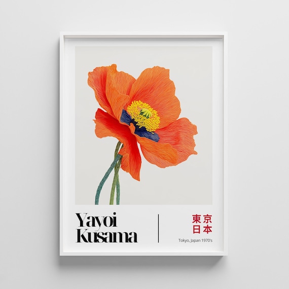 Modern Botanical Illustration Yayoi Kusama Inspired Red Poppy Flower Poster Japanese Minimalist Floral Print