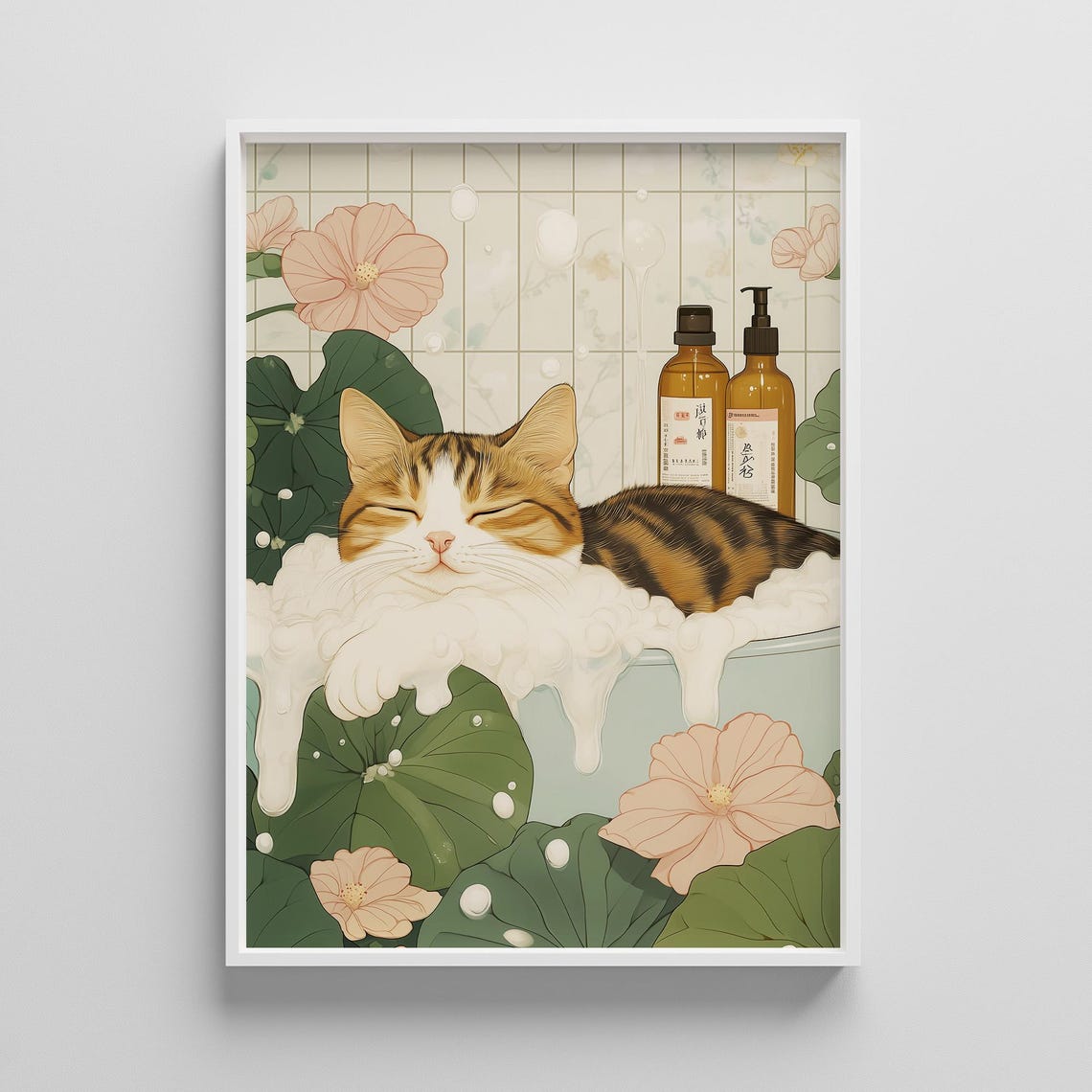 Tabby Cat in Bubble Bath Floral Japanese Style Bathroom Poster