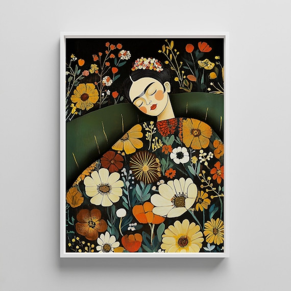 Frida Inspired Floral Portrait Art Print Boho Woman Illustration