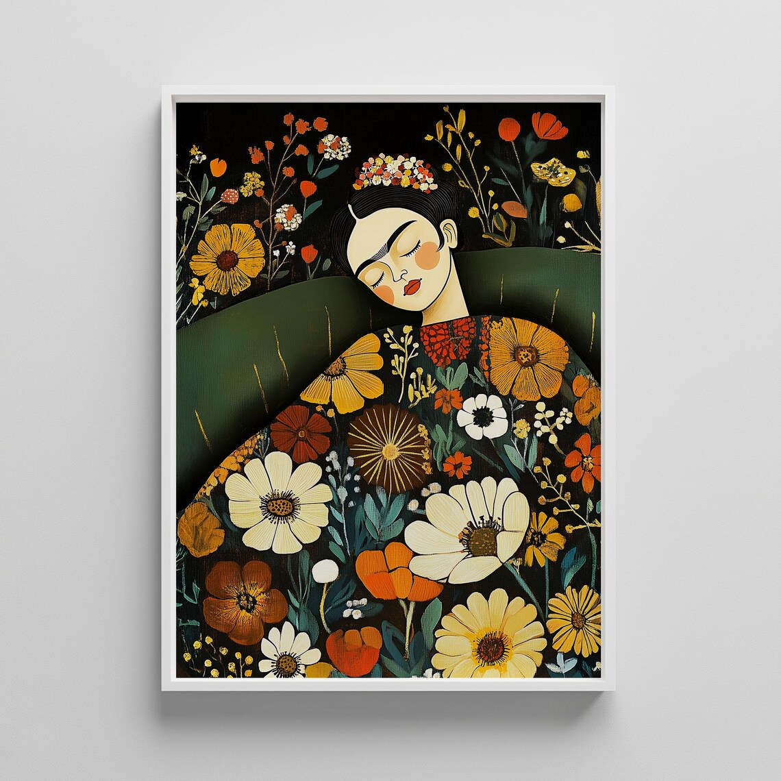 Frida Inspired Sleeping Floral Portrait Among Wildflowers Poster