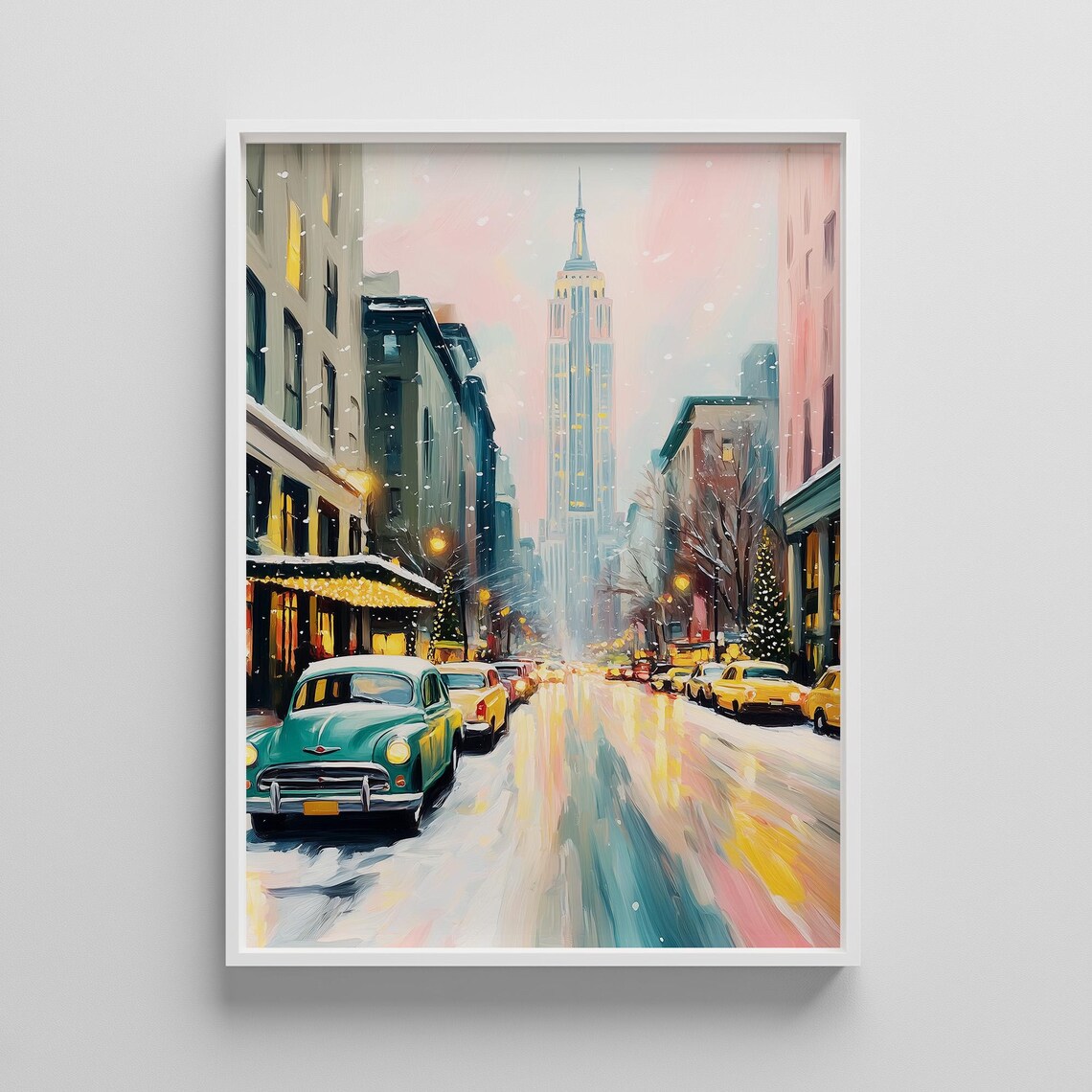 New York Winter Snowy Street Empire State Vintage Car Painting Poster