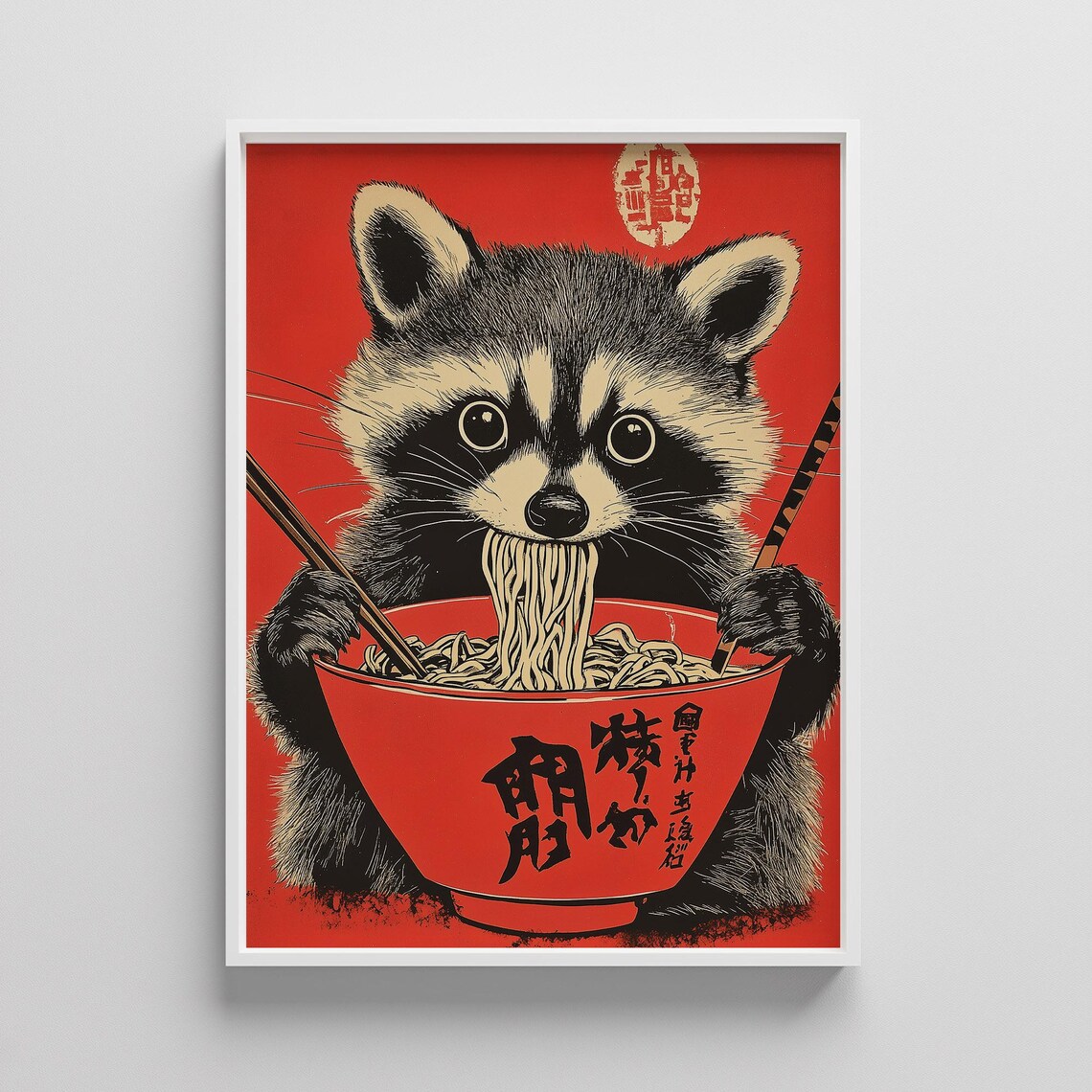 Raccoon Eating Ramen Red Japanese Woodblock Cute Kitchen Art Poster