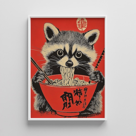 Raccoon Ramen Poster Japanese Woodblock Style Kitchen Art
