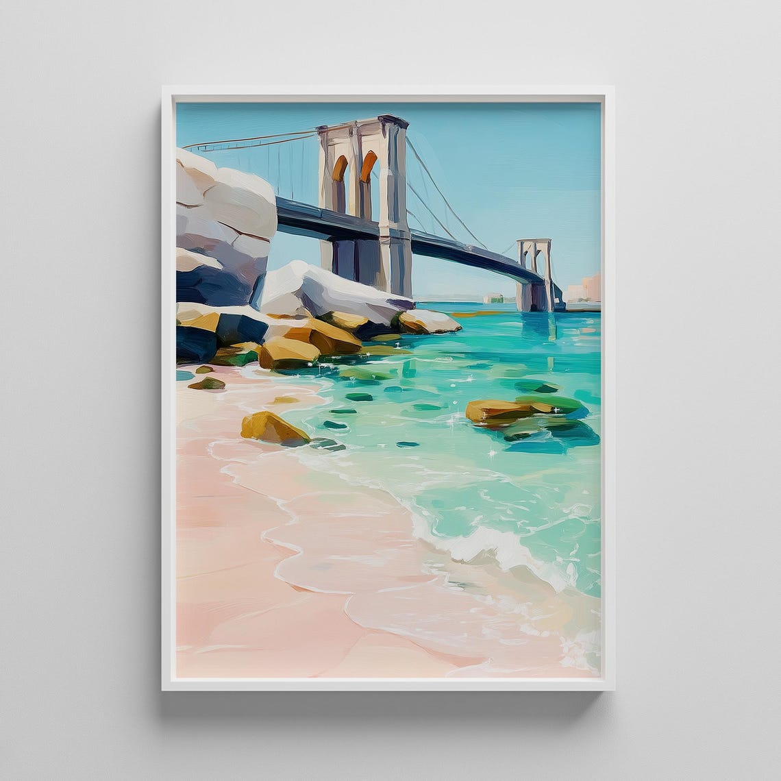 Brooklyn Bridge Pastel Beach Turquoise Shoreline Cityscape Poster